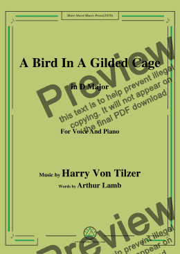 page one of Harry Von Tilzer-Bird In A Gilded Cage,in D Major,for Voice and Piano