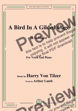 page one of Harry Von Tilzer-Bird In A Gilded Cage,in G Major,for Voice and Piano