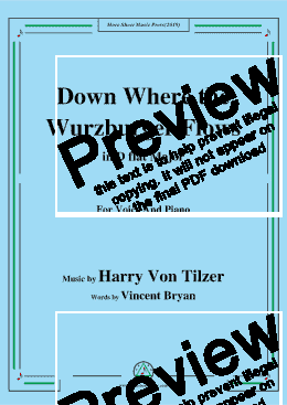 page one of Harry Von Tilzer-Down Where the Wurzburger Flows,in D flat Major,for Voice&Piano