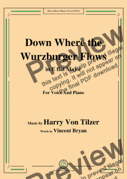 page one of Harry Von Tilzer-Down Where the Wurzburger Flows,in E flat Major,for Voice&Piano