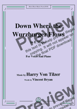 page one of Harry Von Tilzer-Down Where the Wurzburger Flows,in E Major,for Voice&Piano