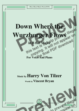 page one of Harry Von Tilzer-Down Where the Wurzburger Flows,in B flat Major,for Voice&Piano