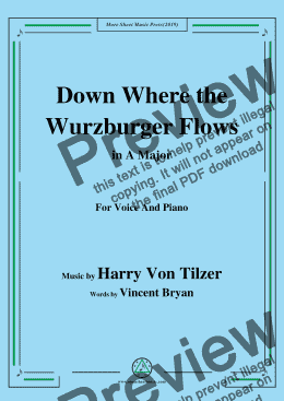 page one of Harry Von Tilzer-Down Where the Wurzburger Flows,in A Major,for Voice&Piano