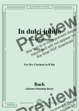 page one of Bach,J.S.-In dulci jubilo,BWV 608,from 'Das Orgel-büchlein',for five Clarinets