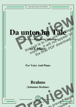 page one of Brahms-Da unten im Tale,in E Major,WoO 33 No.6,for Voice and Piano