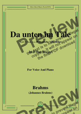 page one of Brahms-Da unten im Tale,in D flat Major,WoO 33 No.6,for Voice and Piano