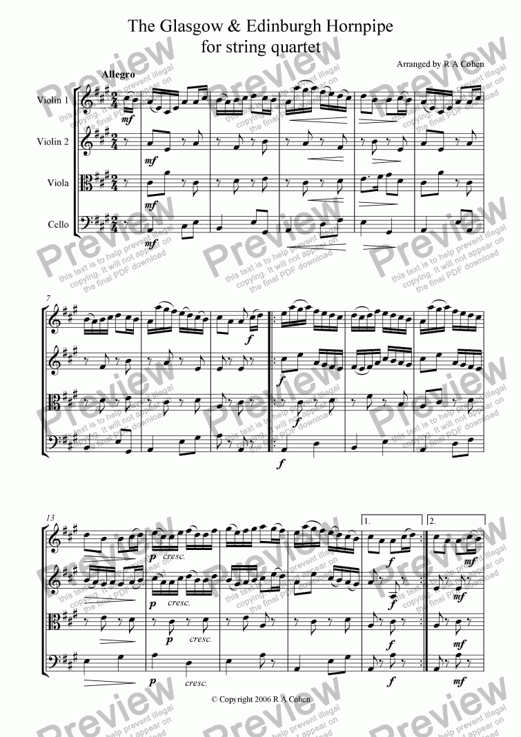 page one of The GLASGOW & EDINBURGH Hornpipe - for string quartet