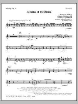 page one of Because Of The Brave - F Horn 1 & 2 (Choir Instrumental Pak)