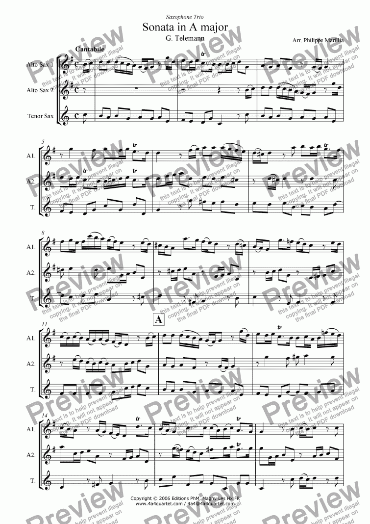 page one of Telemann - Sonata in A (Sax Trio AAT)