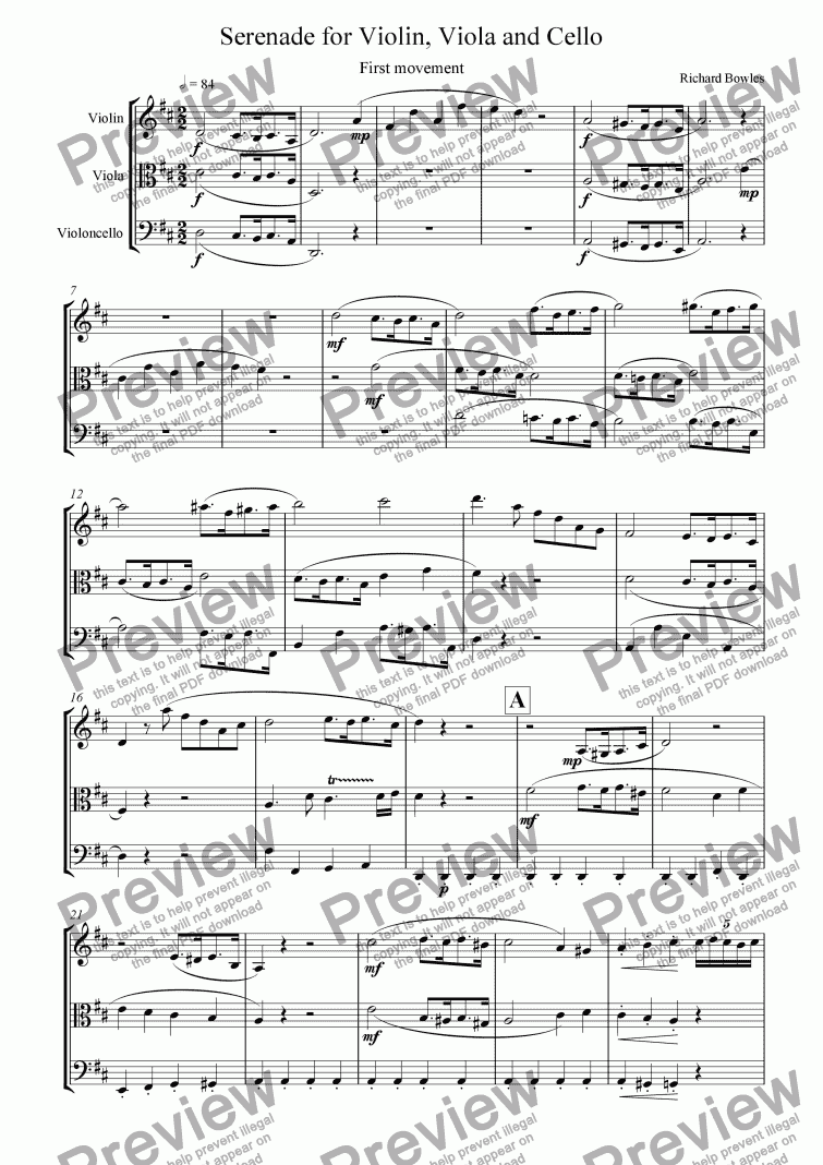 page one of Serenade in D Major for String Trio - First movement