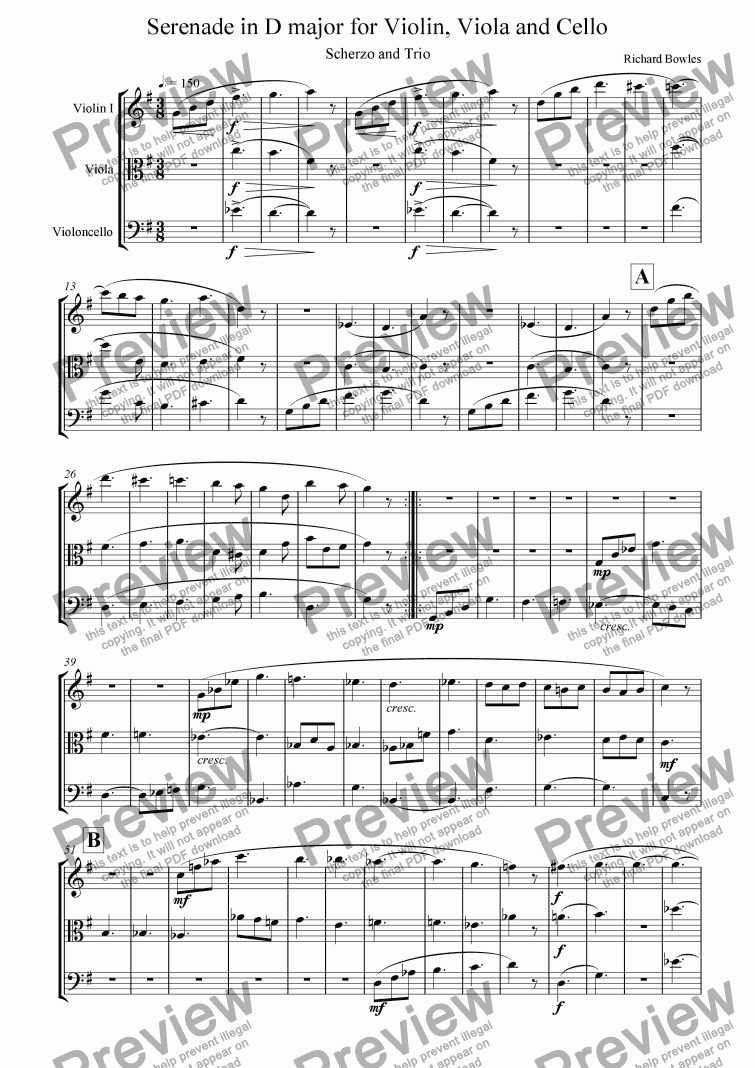 page one of Serenade in D Major for String Trio - Scherzo and Trio