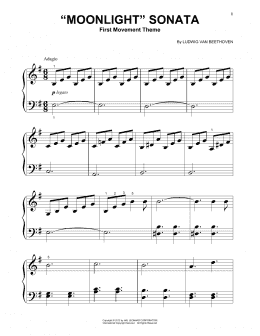 page one of Piano Sonata No. 14 In C# Minor (Moonlight) Op. 27, No. 2, First Movement Theme (Beginning Piano Solo)