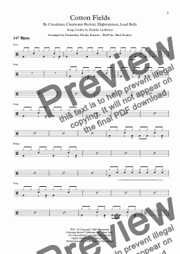 page one of Cotton Fields (The Cotton Song) by Creedence Clearwater Revival, Highwaymen, Led Belly / CCR (Drum Score)