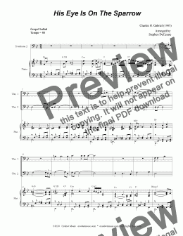 page one of His Eye Is On The Sparrow (Trombone Duet)