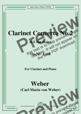 page one of Weber-Clarinet Concerto No.2,in E flat Major,Op.74,J.118,for Clarinet and Piano