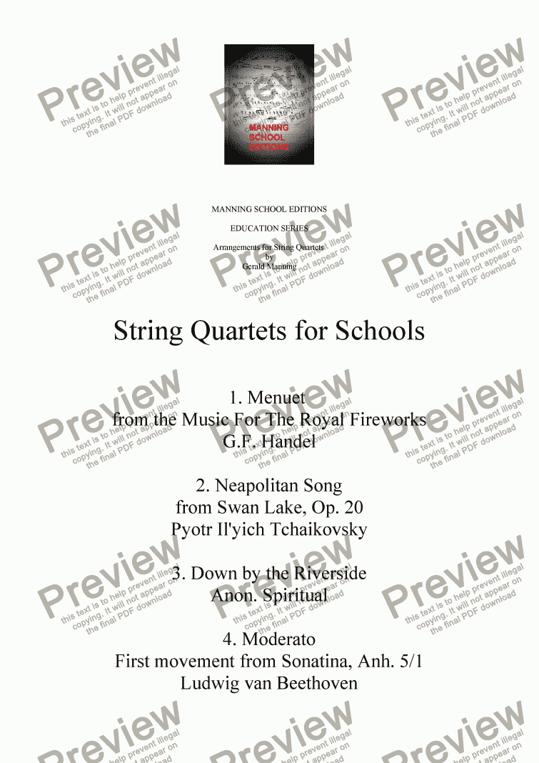 page one of String Quartets for Schools - G.F. Handel - Menuet from 'The Music for the Royal Fireworks' arr. by Gerald Manning