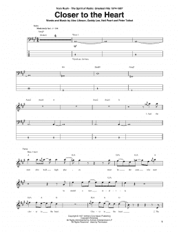 page one of Closer To The Heart (Bass Guitar Tab)