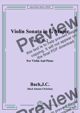 page one of Bach.J.C.-Violin Sonata,in G Major,Op.16 No.2,for Violin and Piano