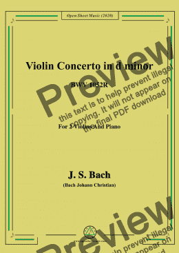 page one of Bach,J.S.-Violin Concerto,in d minor,BWV 1052R,for 2 Violins and Piano