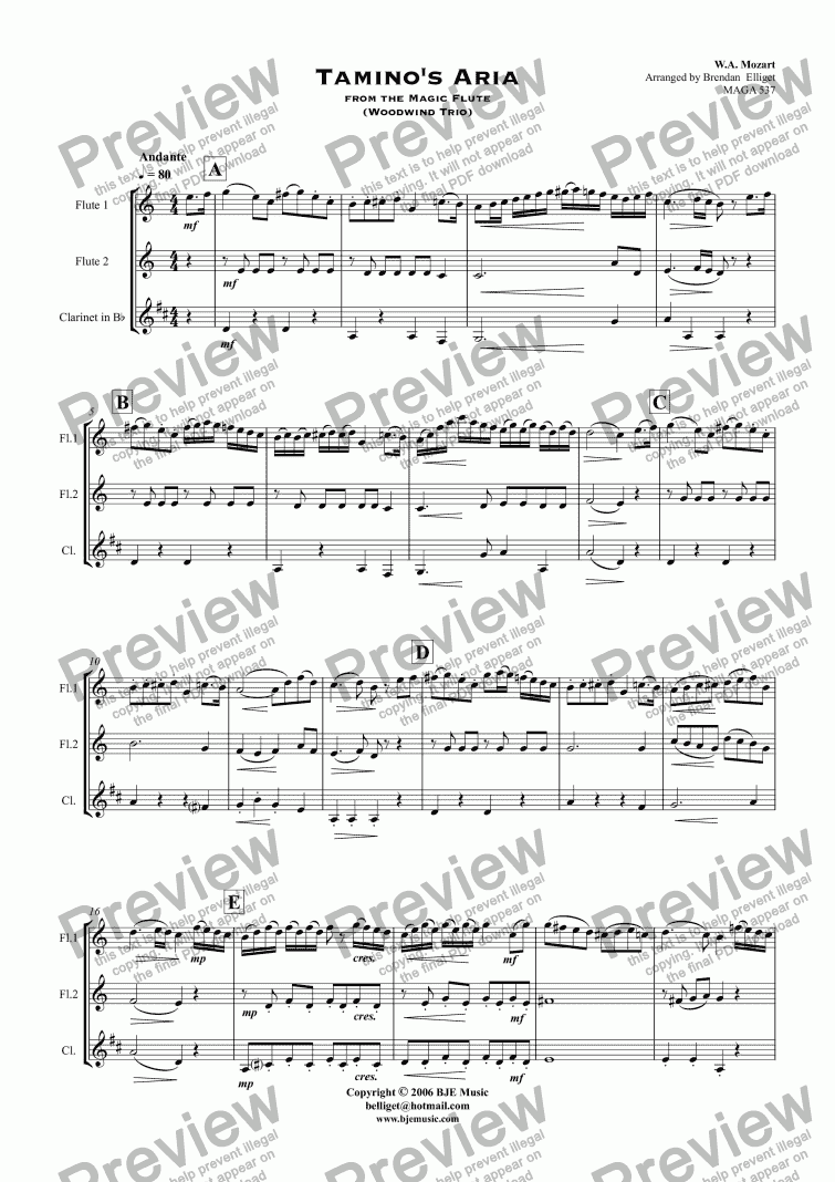 page one of Tamino’s Aria from the Magic Flute - Woodwind Trio