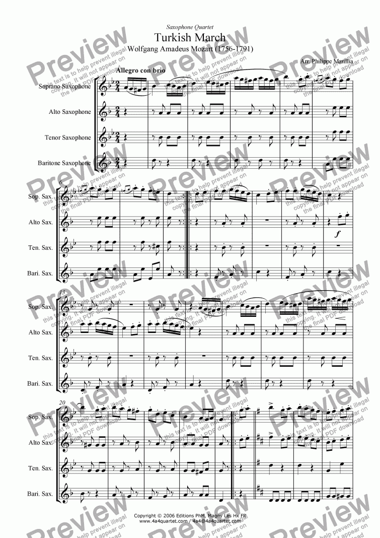page one of Mozart - Turkish March (Sax Quartet)
