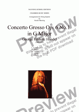 page one of HANDEL, G.F. - Concerto Grosso Op.6, No.1 in G Major - arr. for String Quartet by Gerald Manning