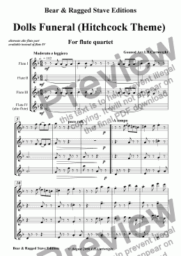 page one of Dolls Funeral (Hitchcock Theme) for flute quartet