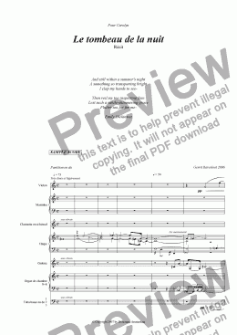 page one of Le tombeau de la nuit (for violin, marimba, clarinet, harp, guitar, chamber organ and three bass tubas)