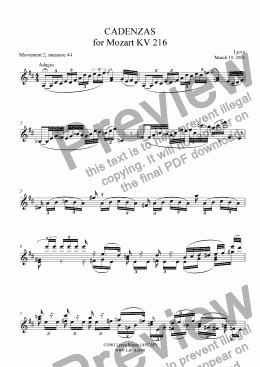page one of Original Cadenza for Mozart's G Major Violin Concerto, KV216 (2nd Movement, Standard Version)