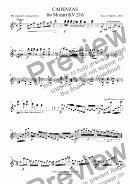 page one of Original Cadenza for Mozart's G Major Violin Concerto, KV216 (1st Movement)