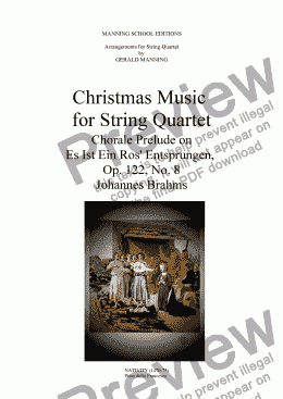 page one of Christmas Music for String Quartet: Brahms, J. - Es Ist Ein Ros' Entsprungen - arr. by Gerald Manning