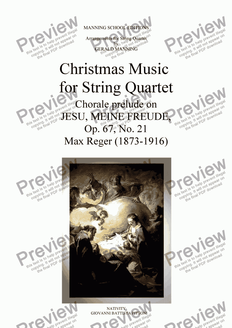 page one of Christmas Music for String Quartet: Max Reger - Chorale prelude on Jesu, Meine Freude, - arr. by Gerald Manning