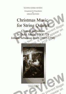 page one of Christmas Music for String Quartet: Bach, J.S.- Chorale prelude on In Dulci Jubilo, BWV 729 - arr. by Gerald Manning