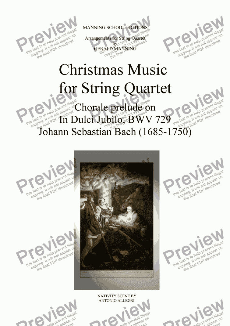 page one of Christmas Music for String Quartet: Bach, J.S.- Chorale prelude on In Dulci Jubilo, BWV 729 - arr. by Gerald Manning