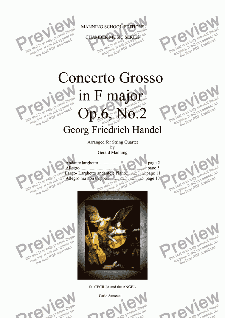 page one of HANDEL, G.F. - Concerto Grosso Op.6, No,2 in F Major - arr. for String Quartet by Gerald Manning