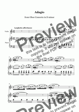 page one of Marcello - ADAGIO from Oboe Concerto in D minor - Violin and Piano