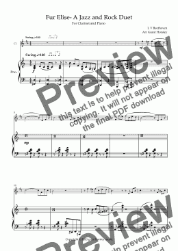 page one of "Fur Elise" A Jazz and Rock Duet for Clarinet and Piano