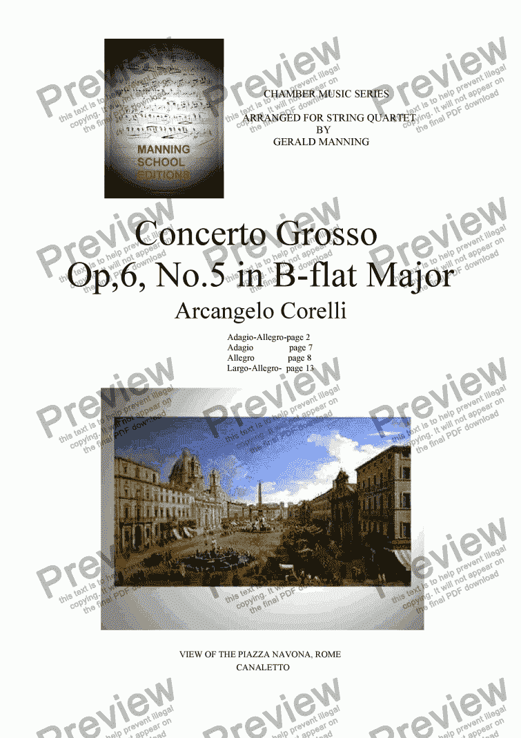 page one of CORELLI, A. - Concerto Grosso No. 5 in B flat major - arr. for String Quartet by Gerald Manning