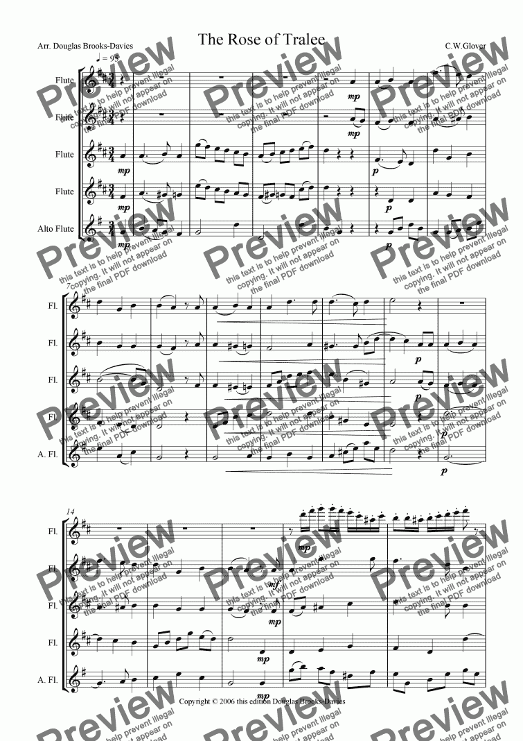 page one of Three Irish Favourites for flutes (4 fl, afl): The Rose of Tralee; The Last Rose of Summer; Oft in the stilly night.