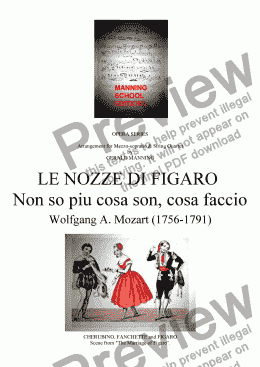 page one of Come To The Opera - Mozart, W.A.- Aria: Non so piu cosa son, (from Le Nozze Di Figaro) - arr, for Mezzosoprano & String Quartet by Gerald Manning