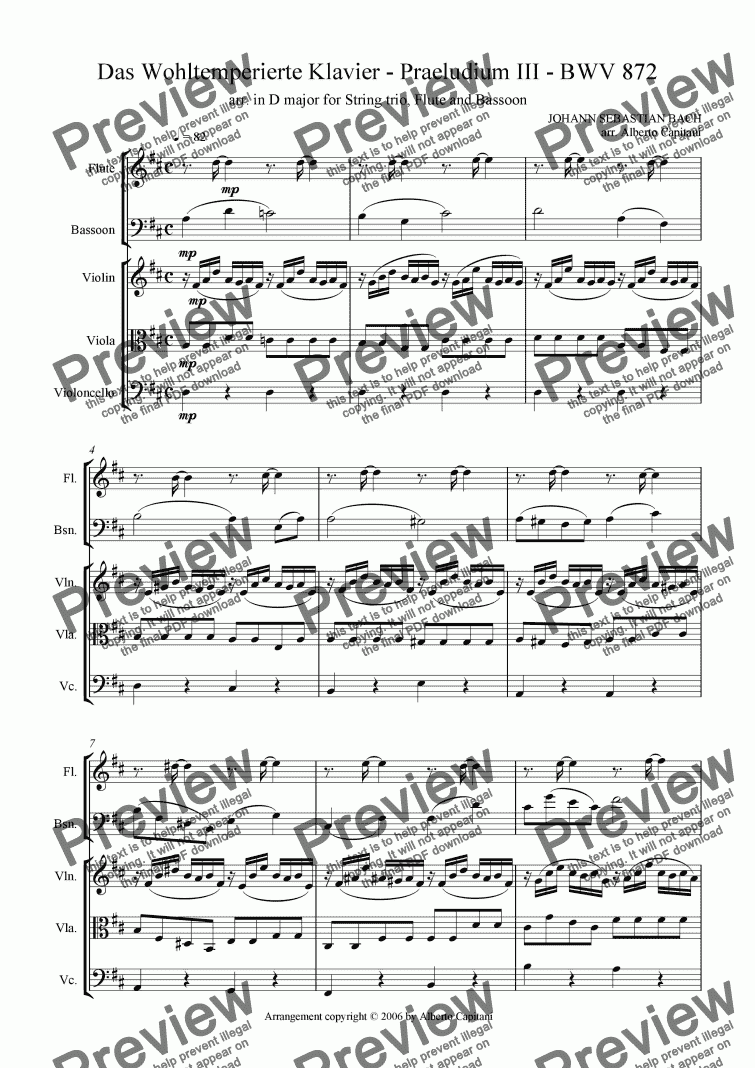 page one of Das Wohltemperierte Klavier - Praeludium III - BWV 872 - arr. in D major for String trio, Flute and Bassoon