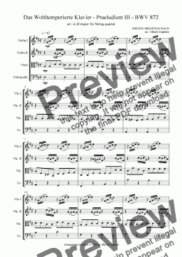 page one of Das Wohltemperierte Klavier - Praeludium III - BWV 872 - arr. in D major for String quartet