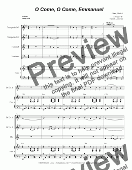 page one of O Come, O Come, Emmanuel (for Brass Quartet and Piano)