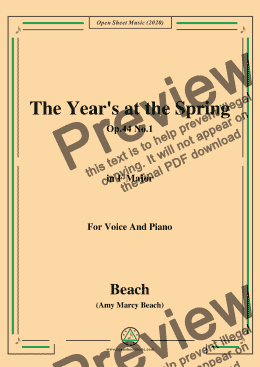 page one of Beach-The Year's at the Spring,Op.44 No.1,in F Major,for Voice and Piano