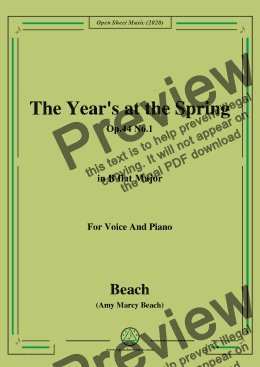 page one of Beach-The Year's at the Spring,Op.44 No.1,in B flat Major,for Voice and Piano
