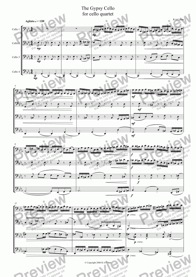page one of THE GYPSY CELLO - for cello quartet