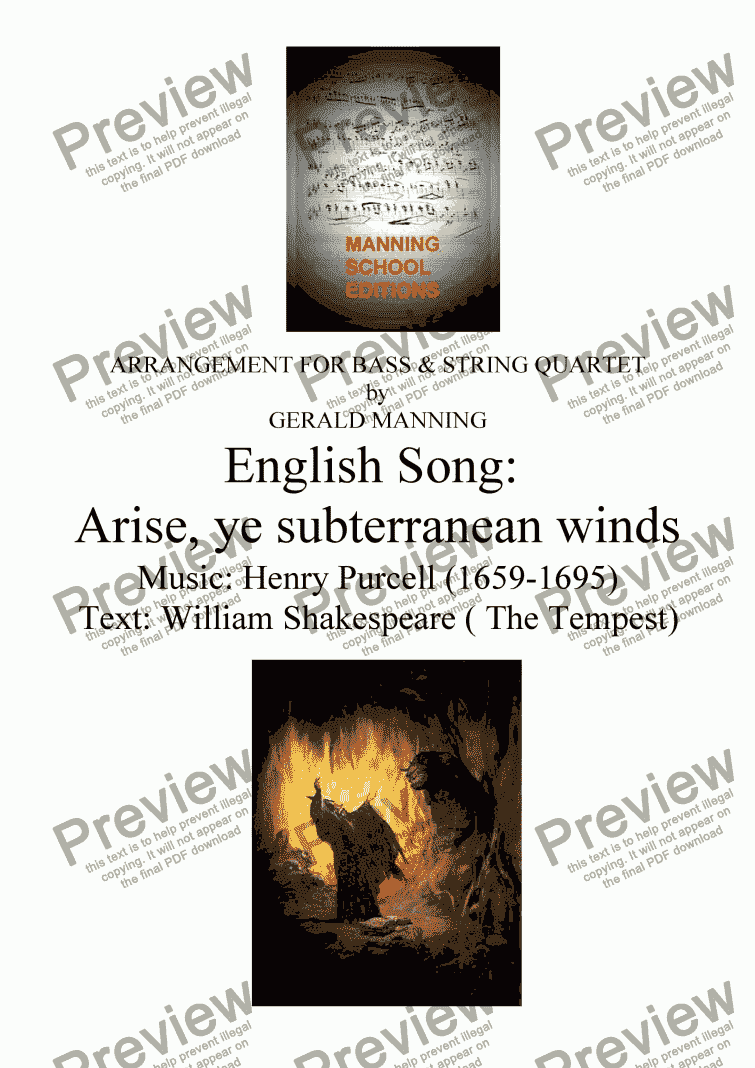 page one of English Song: Purcell, H. - Arise, ye subterranean winds - arr. for Bass & String Quartet by Gerald Manning