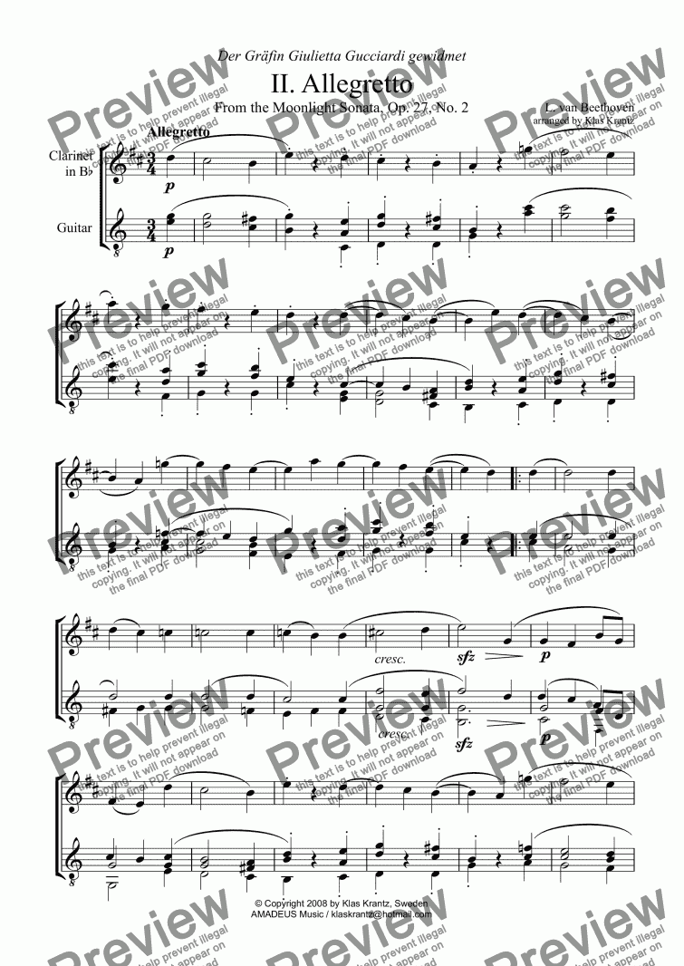 page one of Moonlight sonata - Allegretto for clarinet and guitar (C major)