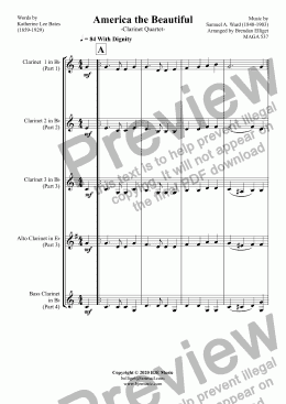 page one of America the Beautiful - Clarinet Quartet
