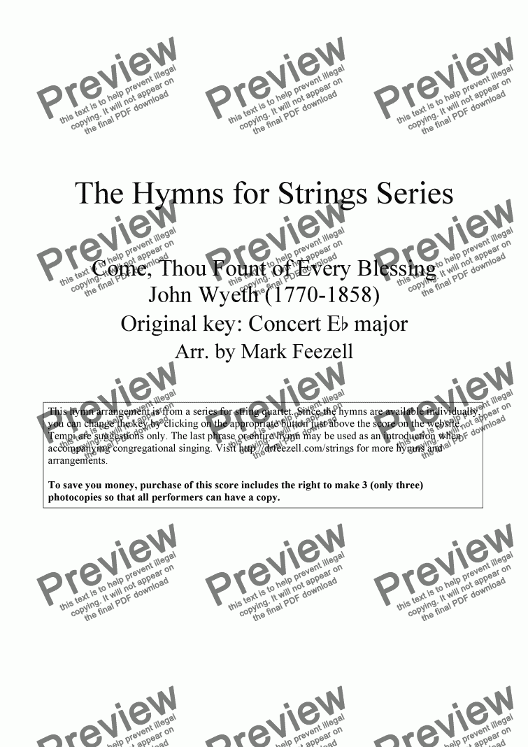 page one of Hymns for Strings: Come, Thou Fount of Every Blessing by John Wyeth, arr. for String Quartet